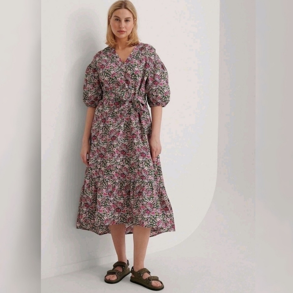 Mango Floral Midi Dress with Puff Sleeves